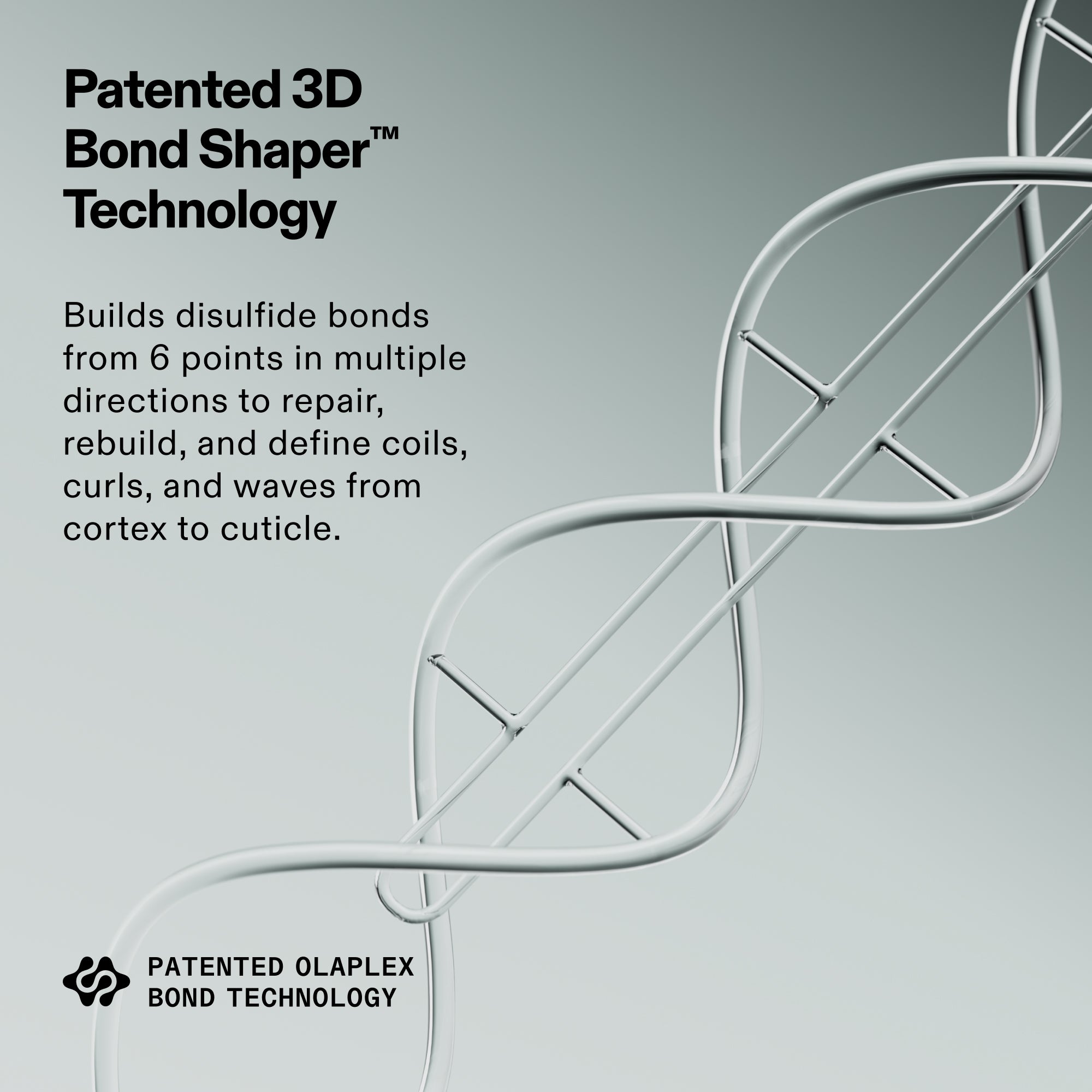 Graphic titled 'Patented 3D Bond Shaper™ Technology.' Text explains that it builds disulfide bonds from 6 points in multiple directions to repair, rebuild, and define coils, curls, and waves from cortex to cuticle. A 3D illustration shows a hair strand being repaired by molecules.