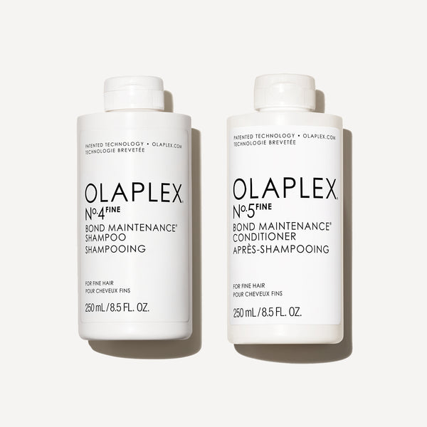 Olaplex No.4FINE Shampoo and No.5FINE Conditioner bottles on a white background - main view