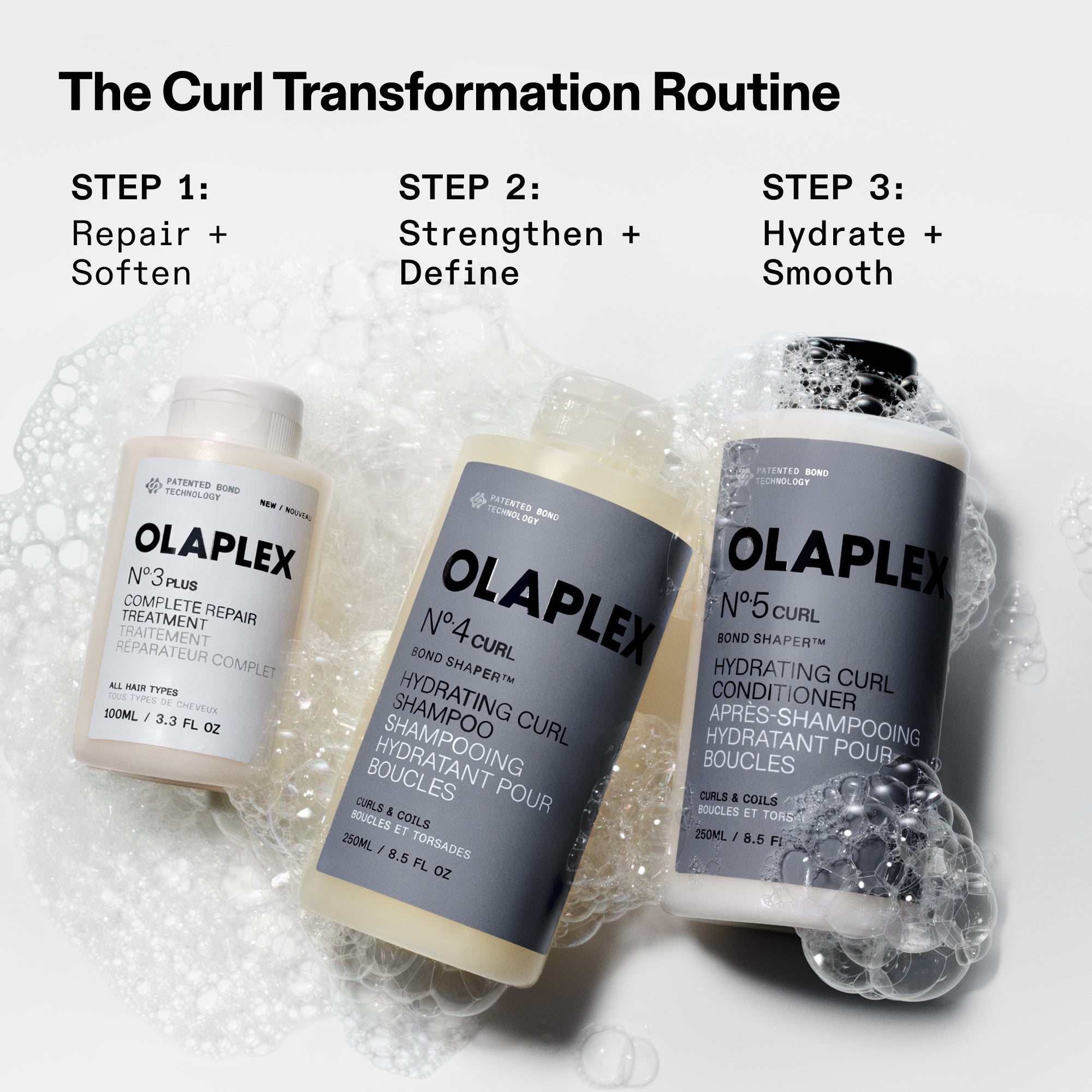 Infographic titled 'The Curl Transformation Routine' showing three steps with products. Step 1: Repair + Soften using Nº.3 PLUS Complete Repair Treatment. Step 2: Strengthen + Define using Nº.4CURL Bond Shaper Hydrating Curl Shampoo. Step 3: Hydrate + Smooth using Nº.5CURL Bond Shaper Hydrating Curl Conditioner. The bottles are shown resting in soapy bubbles.