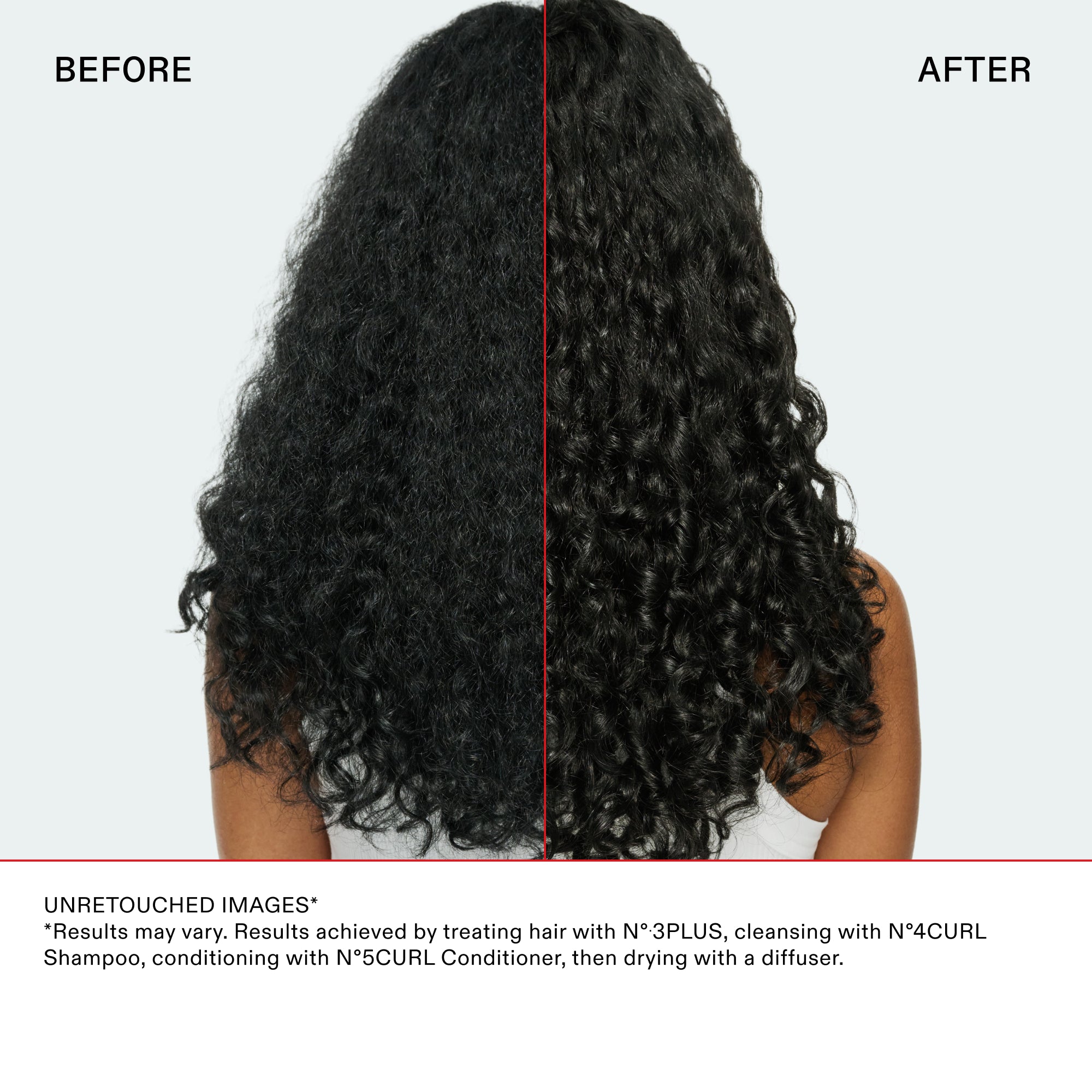 Before and after comparison of curly hair results. The 'Before' side shows hair with frizz and undefined texture. The 'After' side shows highly defined, shiny, and frizz-free curls. Text at the bottom states: Unretouched images. Results achieved by treating hair with Nº.3PLUS, cleansing with Nº.4CURL Shampoo, conditioning with Nº.5CURL Conditioner, then drying with a diffuser.