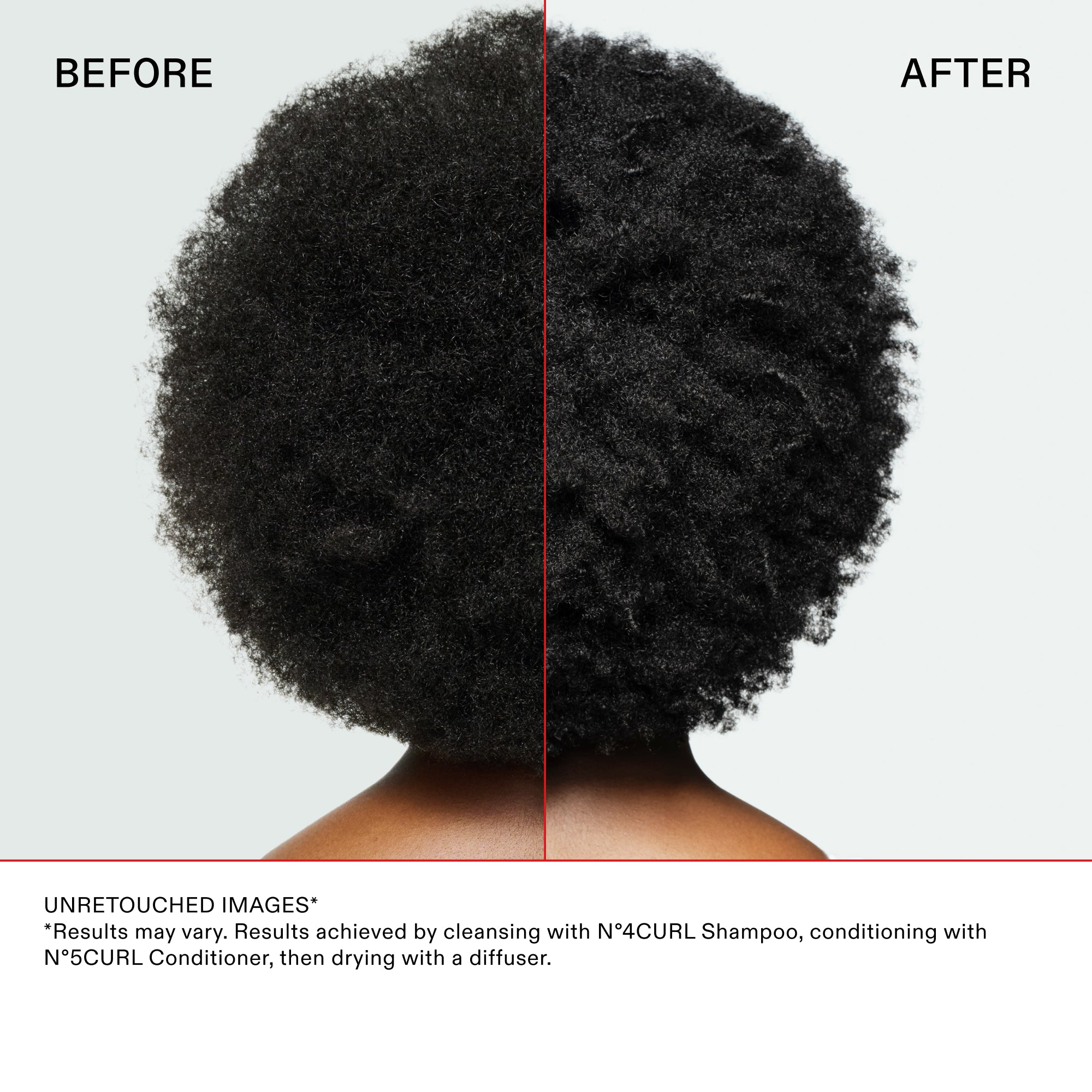 Before and after back-view comparison of coily hair. The 'Before' side shows a less defined, soft texture. The 'After' side shows significantly more defined, hydrated, and structured coils. Text at the bottom: UNRETOUCHED IMAGES. Results achieved by cleansing with Nº.4CURL Shampoo, conditioning with Nº.5CURL Conditioner, then drying with a diffuser.