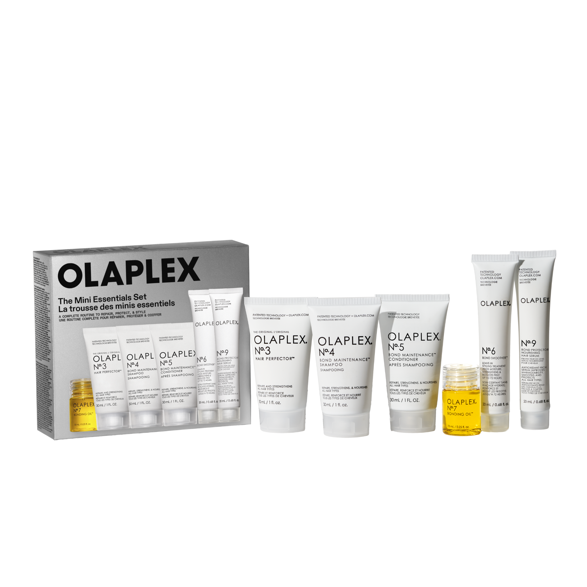 THE MINI ESSENTIALS SET

Nº.3 HAIR PERFECTOR®

Nº.4 SHAMPOO

Nº.5 CONDITIONER

Nº.6 BOND SMOOTHER®

Nº.9 BOND PROTECTOR® NOURISHING HAIR SERUM

OLAPLEX N°.7 BONDING OIL™