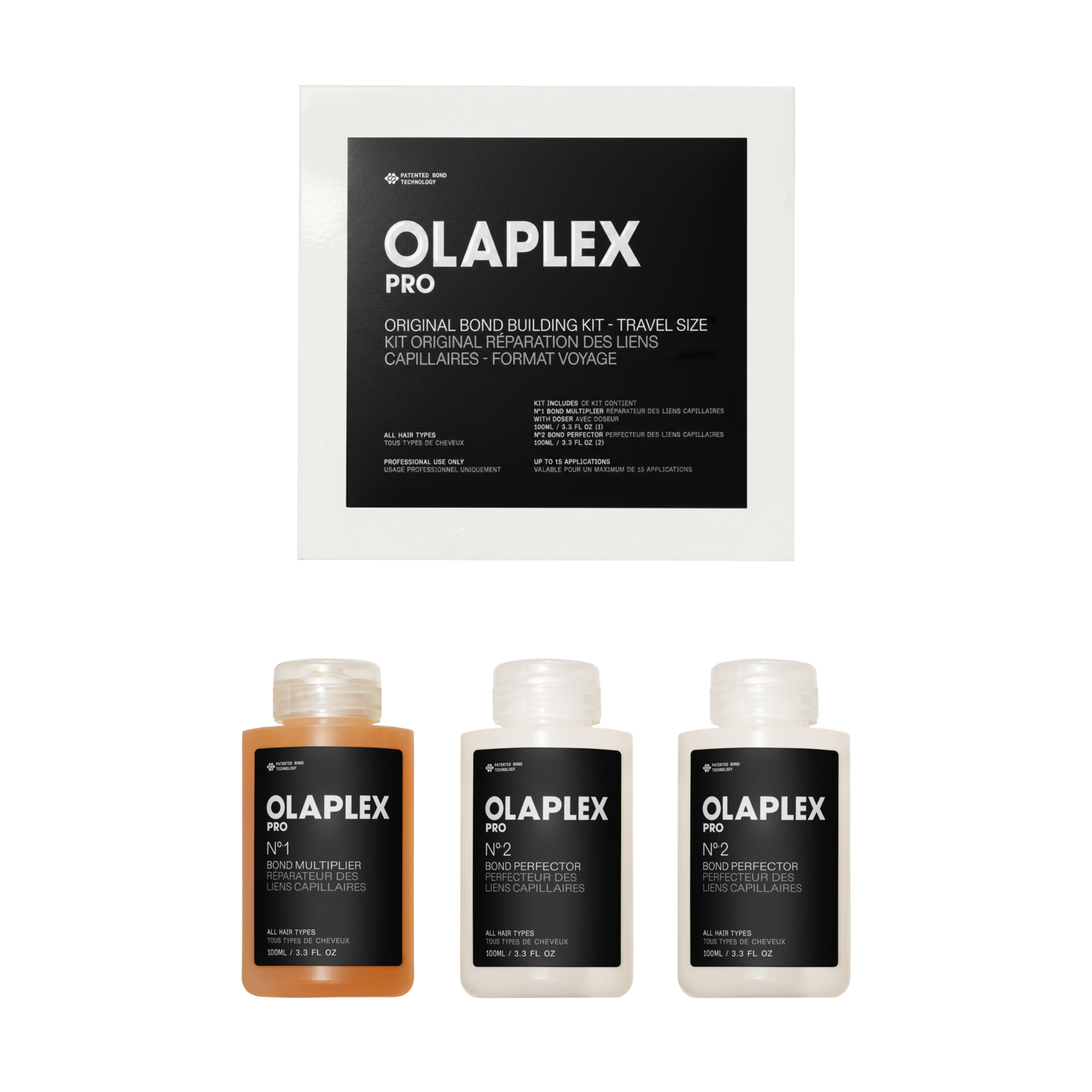 ORIGINAL BOND BUILDING KIT - TRAVEL SIZE (100mL) with box

1 - Nº.1 BOND MULTIPLIER®(100mL)
2 of the Nº.2 BOND PERFECTOR (100mL)
