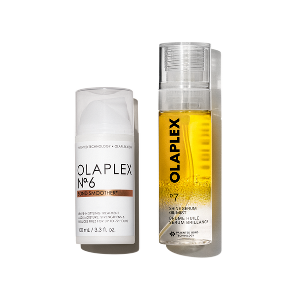 Two Olaplex hair products stand side by side against a clean white background. On the left is Olaplex No.6 Bond Smoother, a white pump bottle with a clear cap. On the right is a slightly taller bottle of Olaplex No.7 Shine Serum Oil Mist, a clear spray bottle showing a vibrant golden-yellow liquid inside. Both bottles feature the brand's classic minimalist design with clean black lettering. - main view