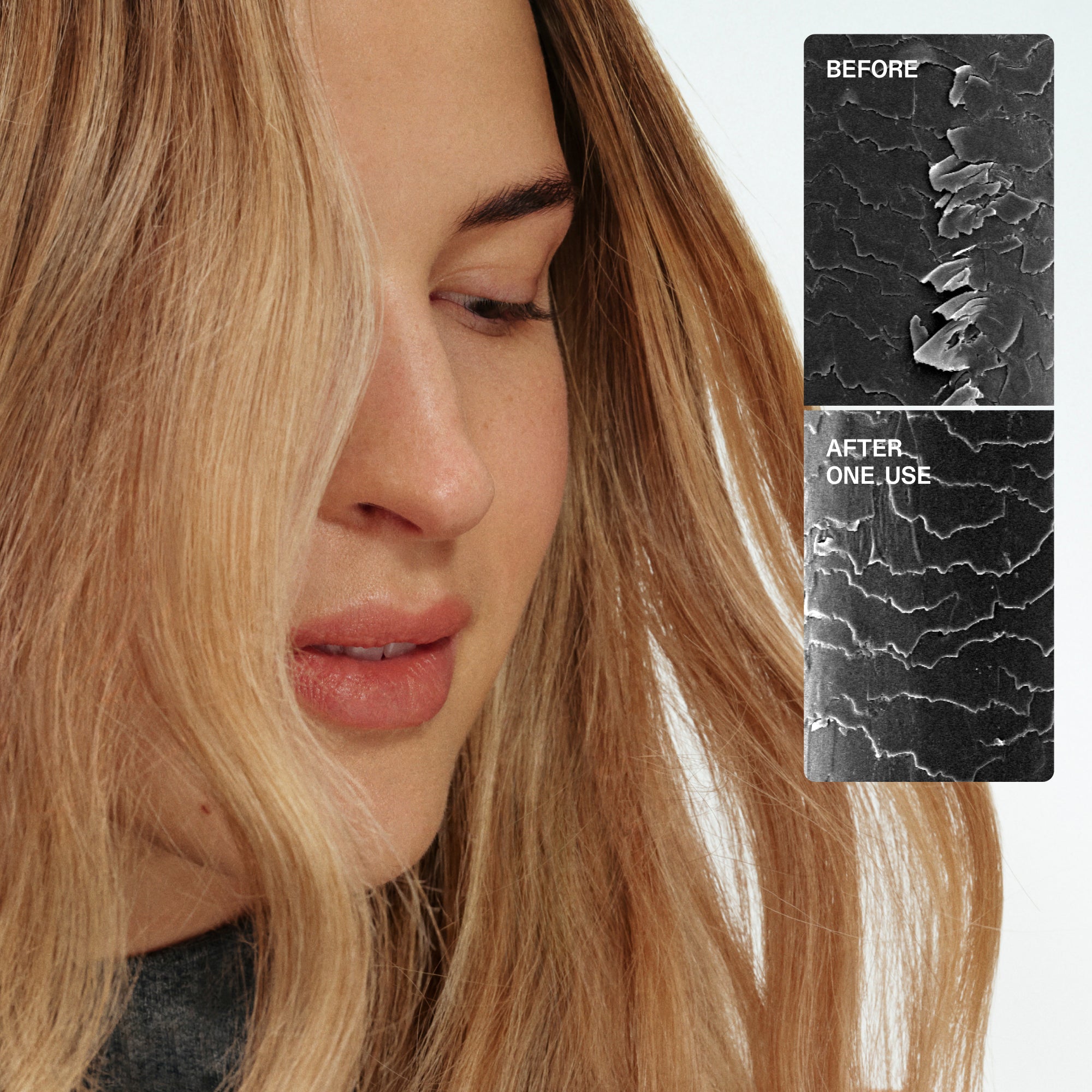 Texte du contenu
Il contient une comparaison microscopique côte à côte d’une mèche de cheveux :

AVANT : Montre la cuticule d’un cheveu abîmé avec soulèvement et cassures.

APRÈS UNE UTILISATION : La cuticule des cheveux est visiblement plus lisse et réparée.