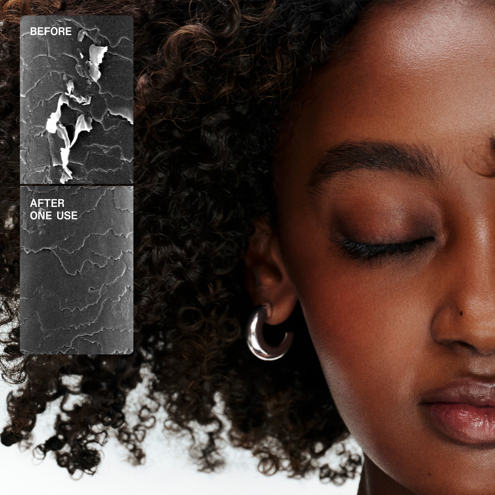 Texte du contenu
Il contient une comparaison microscopique côte à côte d’une mèche de cheveux :

AVANT : Montre la cuticule d’un cheveu abîmé avec soulèvement et cassures.

APRÈS UNE UTILISATION : La cuticule des cheveux est visiblement plus lisse et réparée.