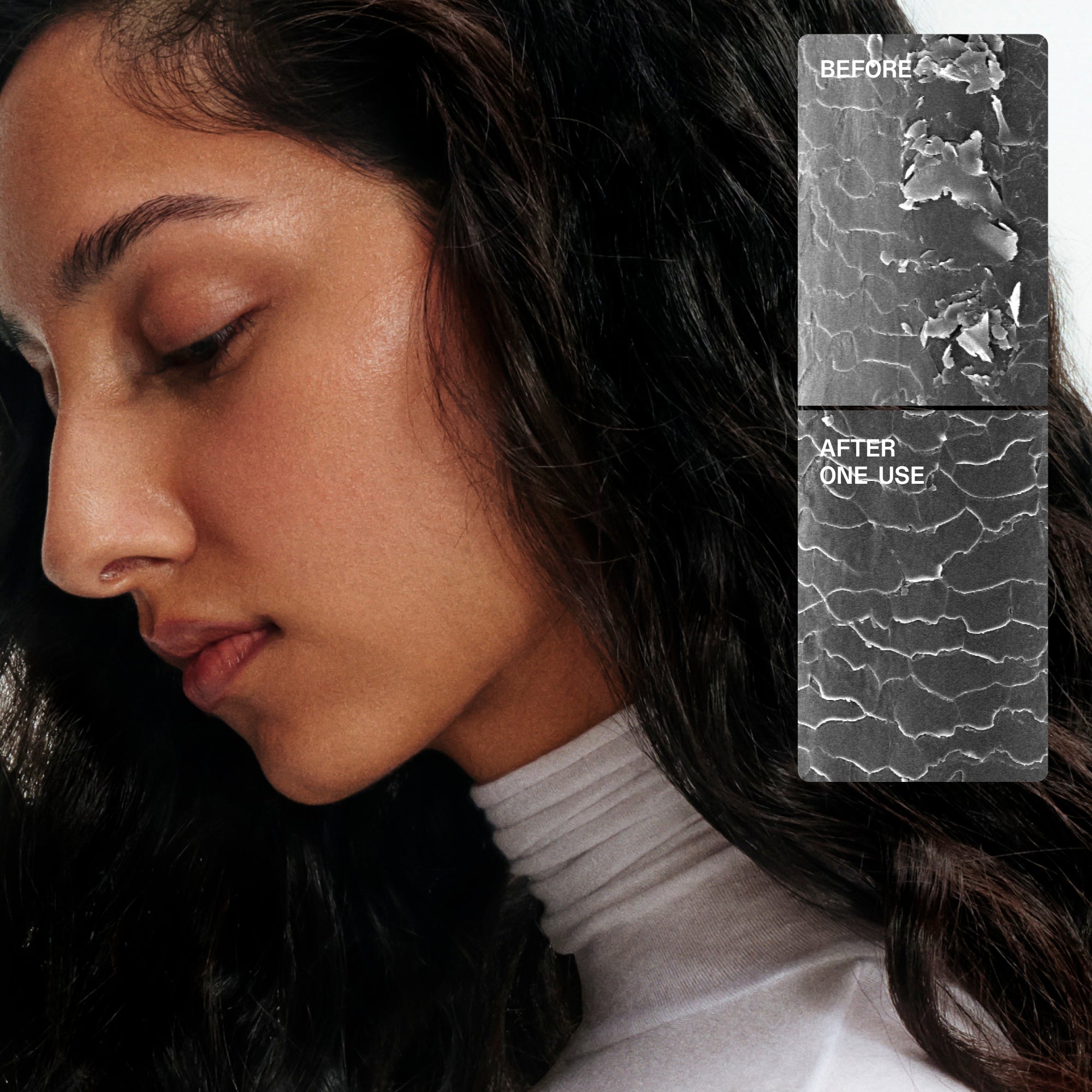 Texte du contenu
Il contient une comparaison microscopique côte à côte d’une mèche de cheveux :

AVANT : Montre la cuticule d’un cheveu abîmé avec soulèvement et cassures.

APRÈS UNE UTILISATION : La cuticule des cheveux est visiblement plus lisse et réparée.