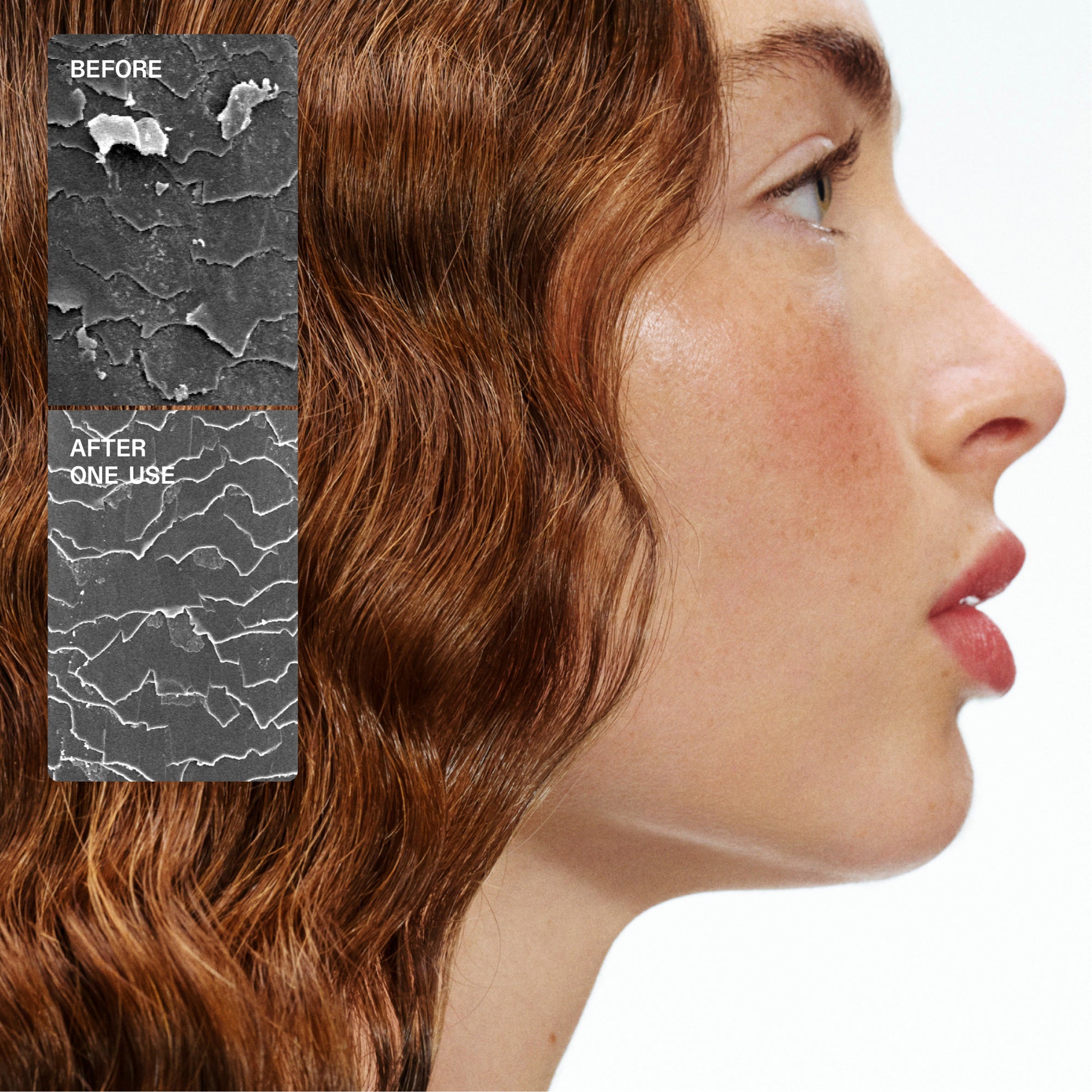 Texte du contenu
Il contient une comparaison microscopique côte à côte d’une mèche de cheveux :

AVANT : Montre la cuticule d’un cheveu abîmé avec soulèvement et cassures.

APRÈS UNE UTILISATION : La cuticule des cheveux est visiblement plus lisse et réparée.