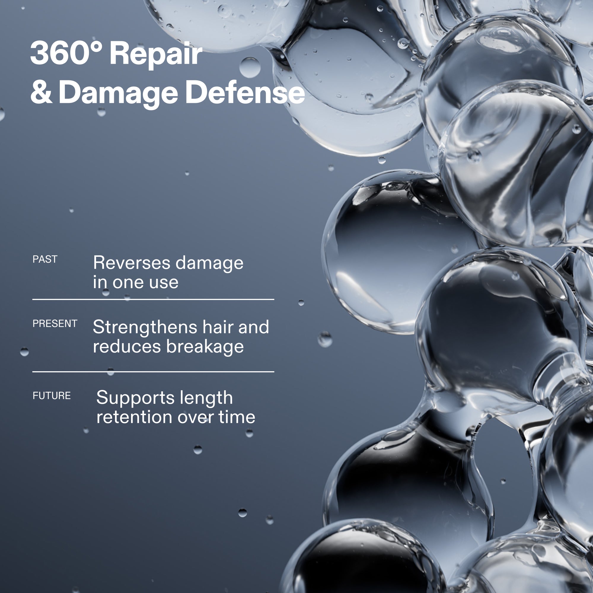 Infographie intitulée « $360^{\circ}$ Réparation et défense contre les dommages » sur un fond de bulles scientifiques claires. Le texte décrit trois étapes de réparation : PASSÉ (inverse les dommages en une seule utilisation), PRÉSENT (renforce les cheveux et réduit la casse) et FUTUR (favorise le maintien de la longueur au fil du temps).