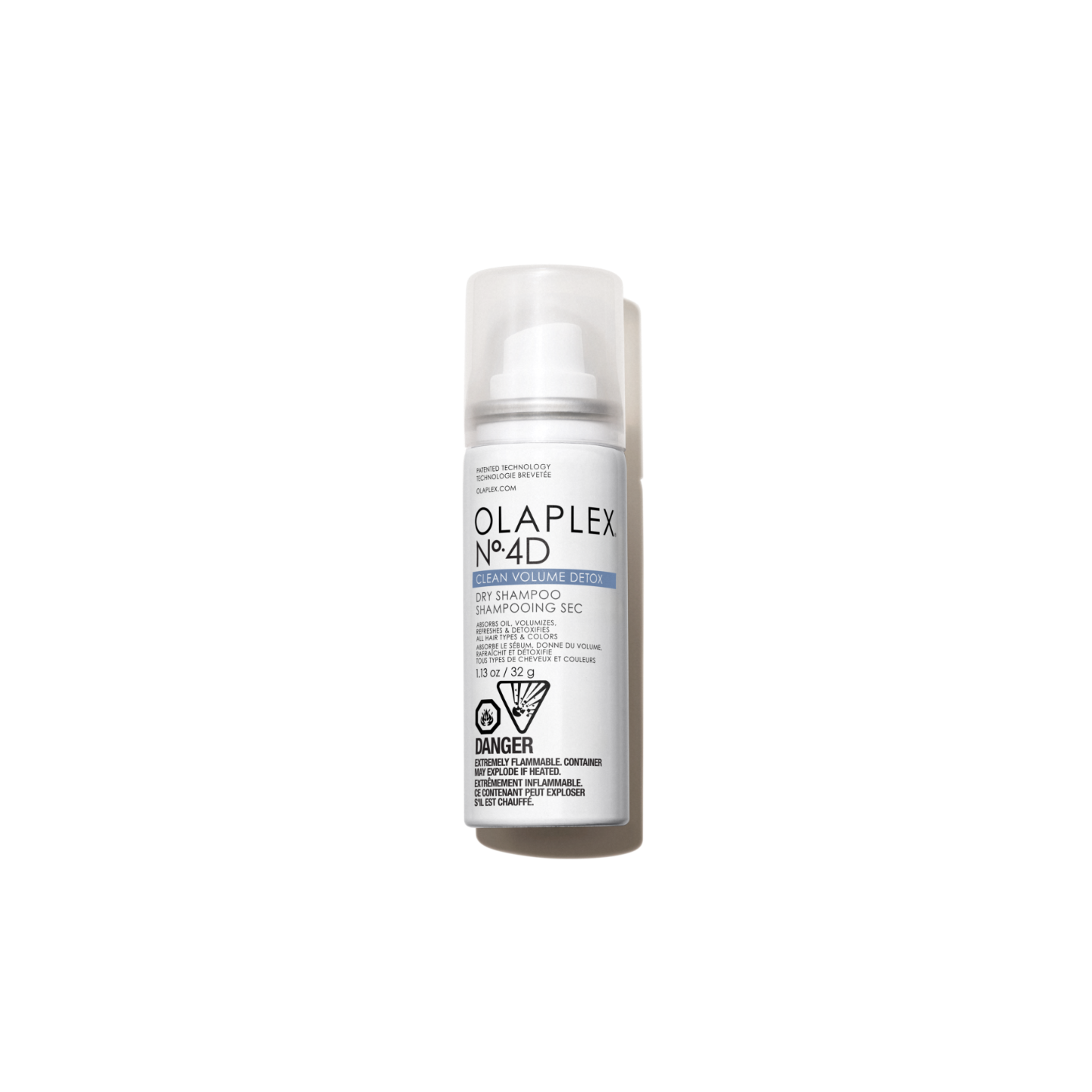 OLAPLEX N°.4D CLEAN VOLUME DETOX DRY SHAMPOO ABSORBE L'HUILE, LES ODEURS ET LA TRANSPIRATION. AVEC LA TECHNOLOGIE BREVETÉE OLAPLEX BOND BUILDING TECHNOLOGY®. NETTOIE ET PROTÈGE TOUS LES TYPES DE CHEVEUX ET COLORATIONS 178g

DANGER EXTRÊMEMENT INFLAMMABLE LE CONTENU PEUT EXPLOSER S'IL EST CHAUFFÉ. EXTRÊMEMENT INFLAMMABLE LE CONTENU PEUT EXPLOSER S’IL EST CHAUFFÉ.