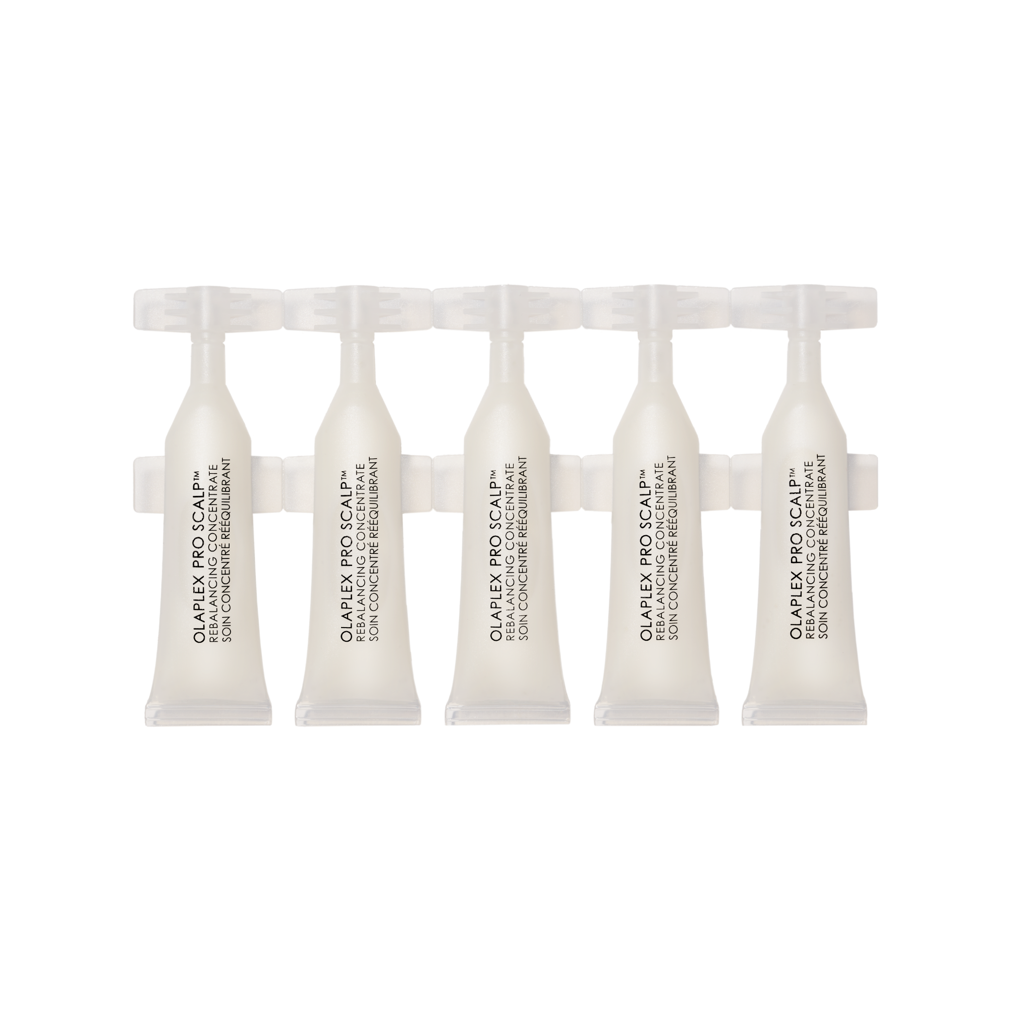 Set of five white hair care products in small, individual ampoules or vials, arranged in a row against a black and grey checkered background.

PRO SCALP™ REBALANCING CONCENTRATE
