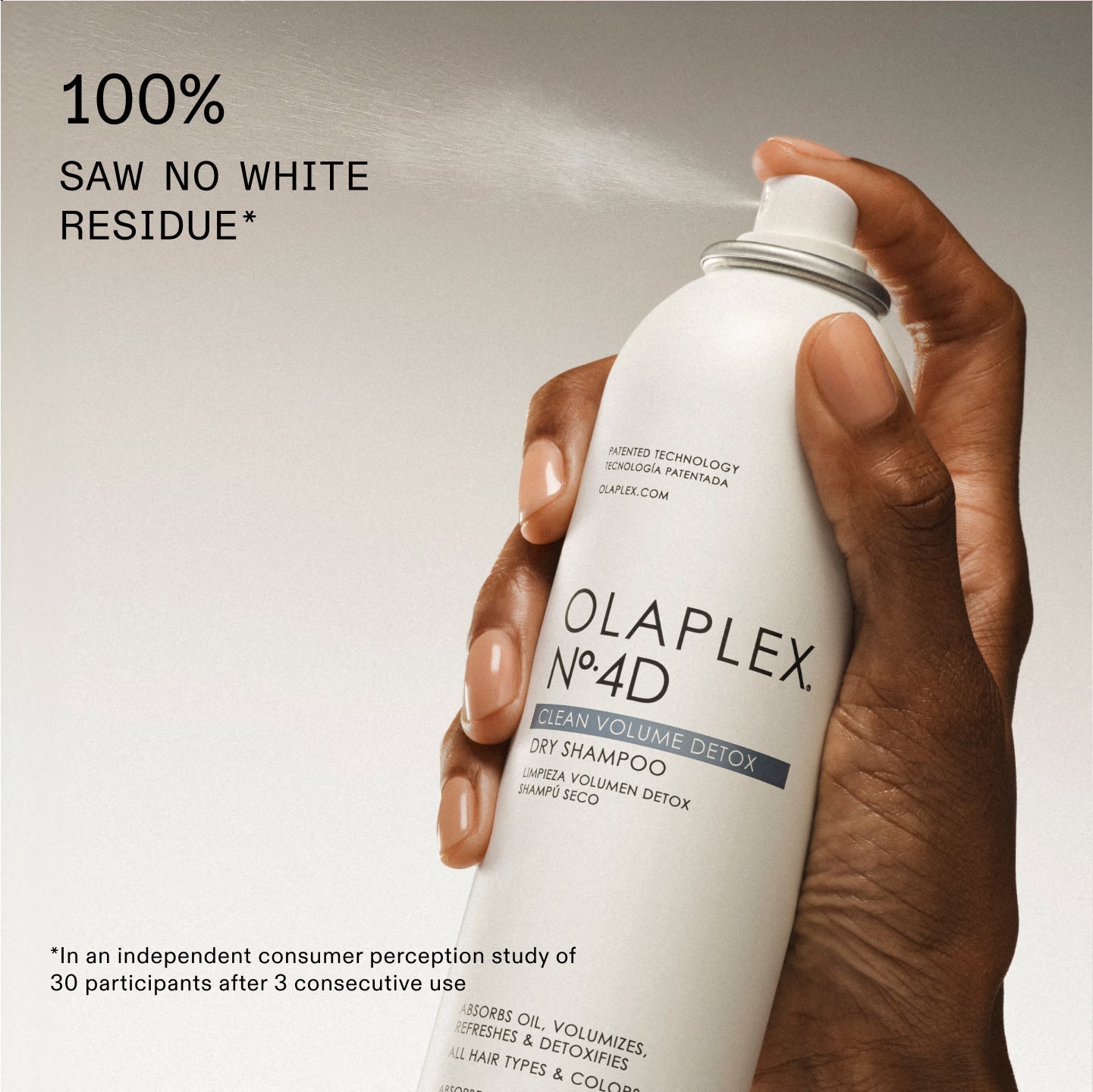 
Certainement! Je peux convertir le texte pour vous afin que vous puissiez le copier et le coller.

Le texte sur l'image, qui est une promotion pour le OLAPLEX N°.4D CLEAN VOLUME DETOX DRY SHAMPOO, est :

100 % ont constaté aucun résidu blanc*

OLAPLEX N°.4D CLEAN VOLUME DETOX DRY SHAMPOO

*Dans une étude indépendante sur la perception des consommateurs auprès de 30 participants après 3 utilisations consécutives.