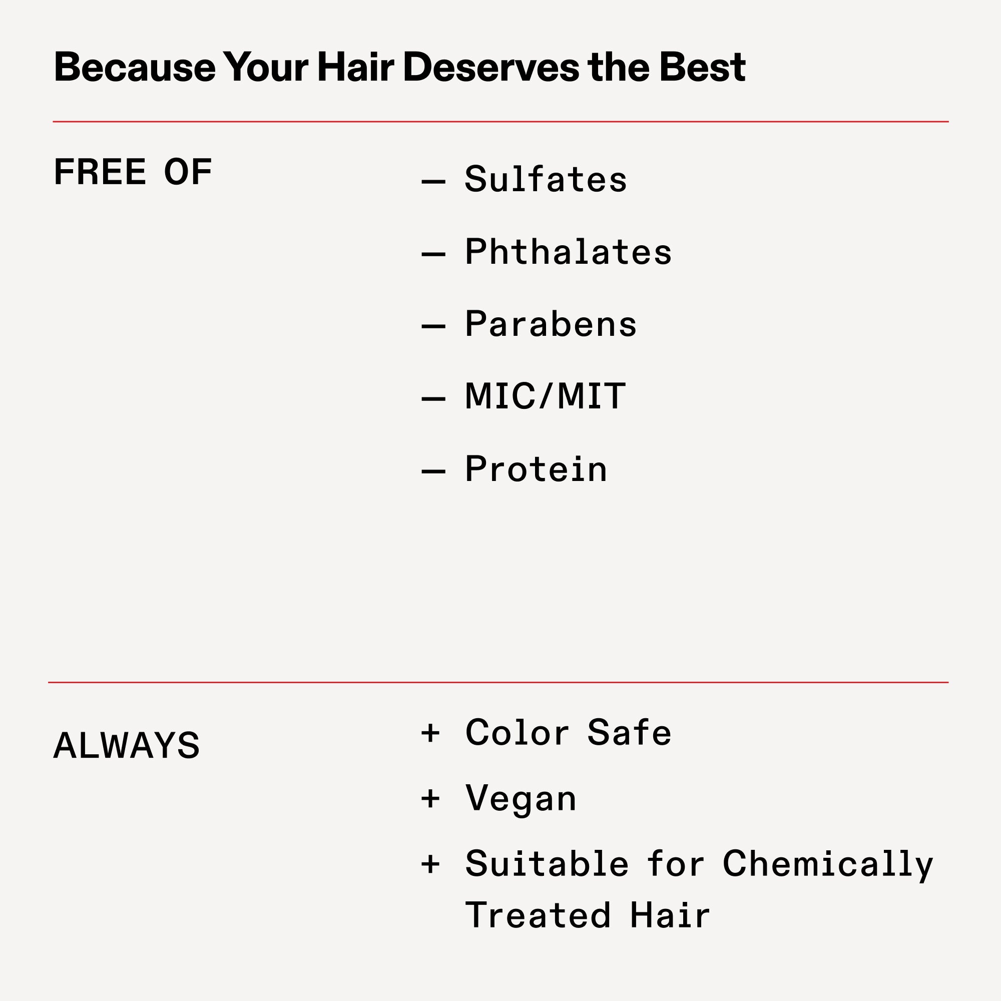 FREE OF

Sulfates

Phthalates

Parabens

MIC/MIT

Protein

ALWAYS

Color Safe

Vegan

Suitable for Chemically Treated Hair