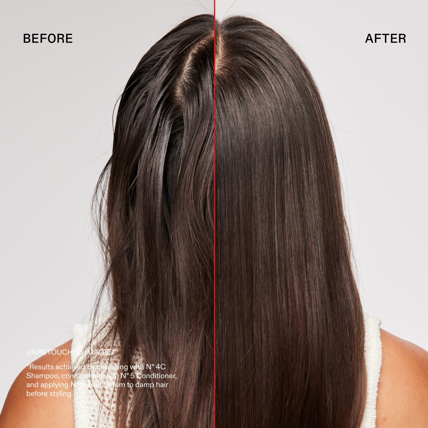 Avant et après
NON RETOUCHÉ
Résultats obtenus en utilisant le shampooing, le conditionneur et en appliquant le N avant le coiffage.
SHAGES
nettoyant avec le N°.4C, revitalisant avec le N°.5, et appliquant le sérum sur cheveux mouillés