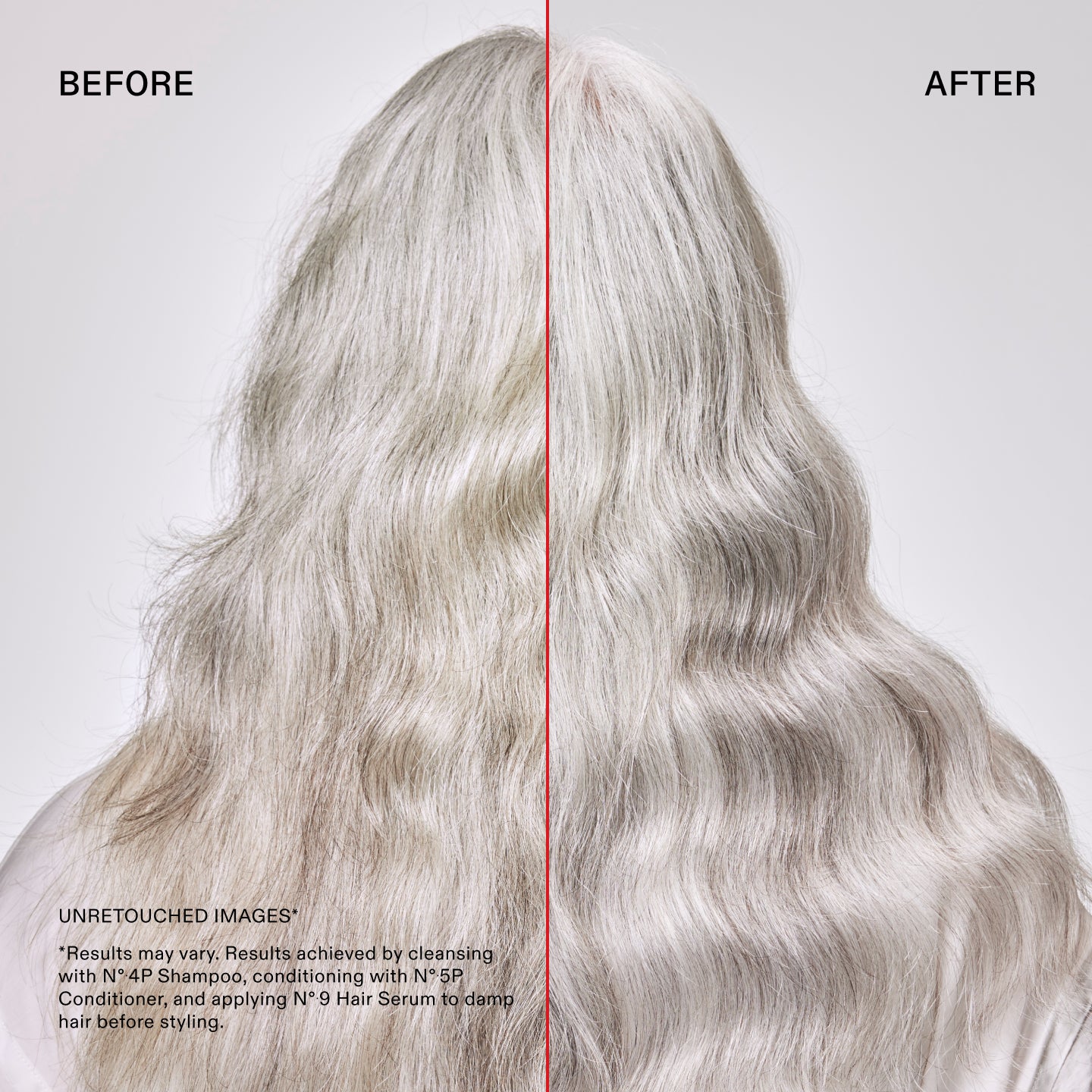 Before and after Nº.4P Blonde Enhancer™ Purple Toning Shampoo 

UNRETOUCHED IMAGES*

*Results may vary. Results achieved by cleansing with N° 4P Shampoo, conditioning with N° 5P Conditioner, and applying N° 9 Hair Serum to damp hair before styling.