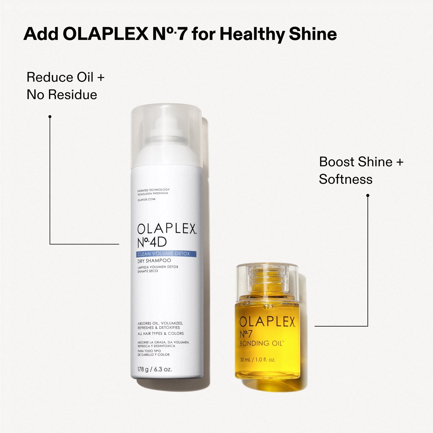 Ajoutez l'OLAPLEX N°.7 pour une brillance saine.

Réduit le sébum + sans résidus

AUGMENTE LA BRILLANCE + DOUCEUR

(Texte sur les flacons : OLAPLEX Nº.4D DRY SHAMPOO ... OLAPLEX Nº.7 BONDING OIL)