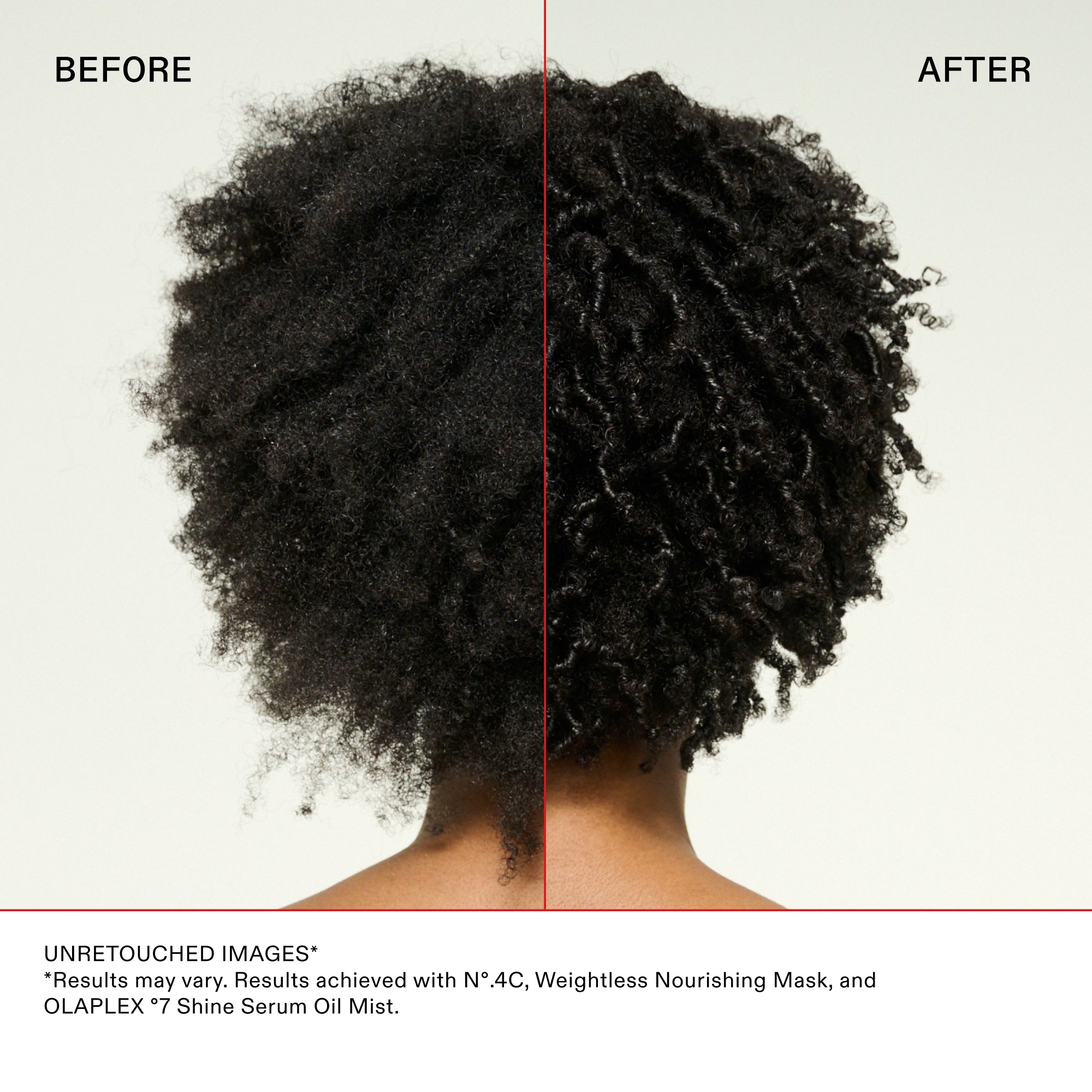 A split-screen before and after comparison of a person's wavy, light brown/blonde hair from behind, divided by a thin vertical red line. The left "Before" side displays frizzy, unstyled hair, while the right "After" side shows significantly smoother, shinier, and more defined waves. Text below reads: "UNRETOUCHED IMAGES* *Results may vary. Results achieved with Nº.4FINE, Nº.5FINE, and OLAPLEX º7 Shine Serum Oil Mist.
