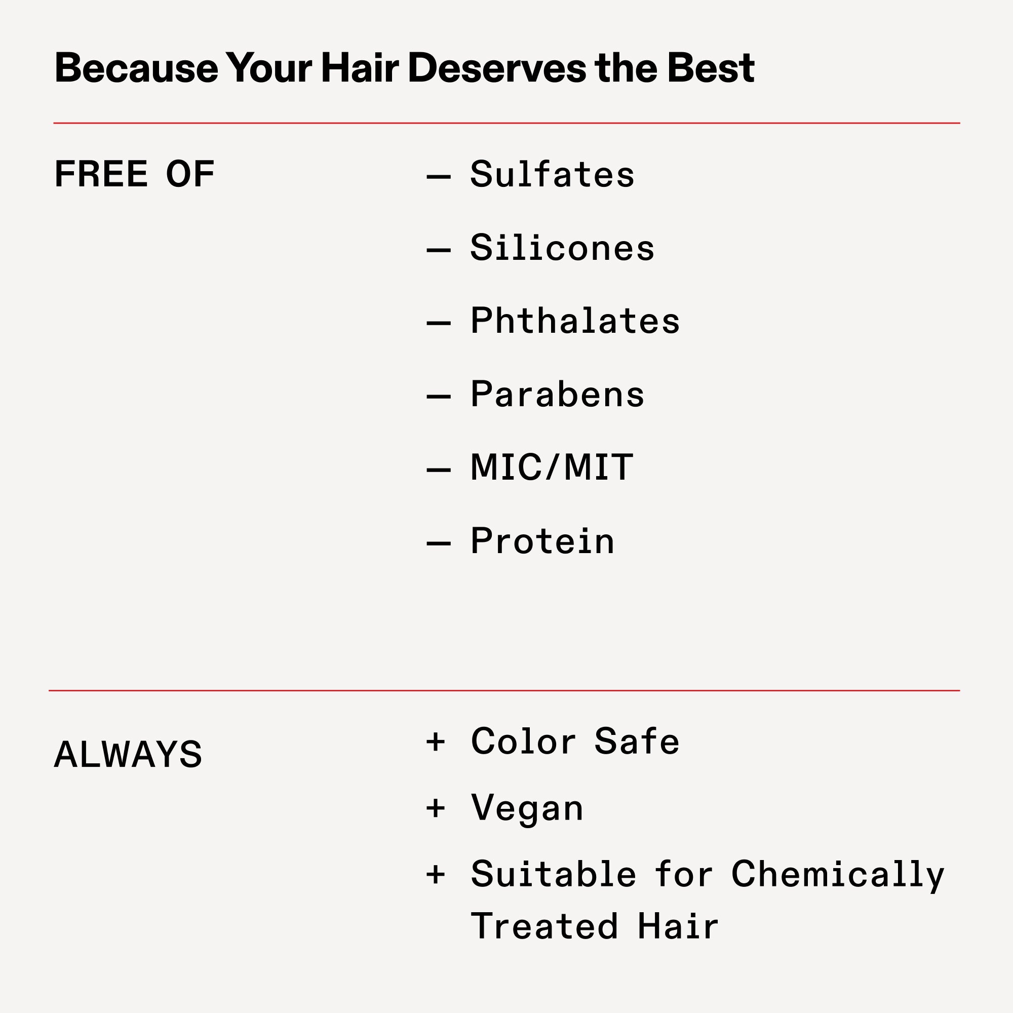 FREE OF

SLS/SLES

Silicones

Phthalates

Phosphates

Parabens

MIC/MIT

Protein

ALWAYS

Color Safe

Vegan

Suitable for Chemically Treated Hair